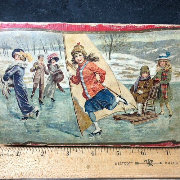 Antique Victorian Eagle Pencil Co. Ice Skating Lithograph Box - Picture 1 of 8